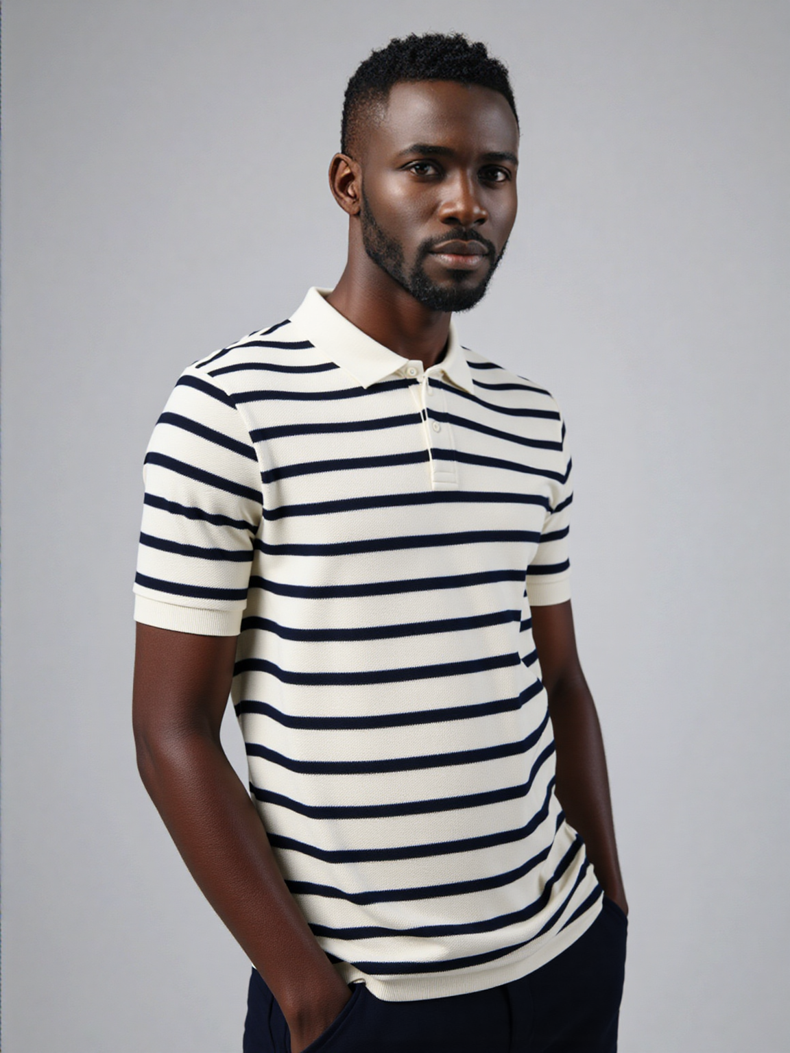 Coastal Stripe Polo – Ivory & Midnight Navy