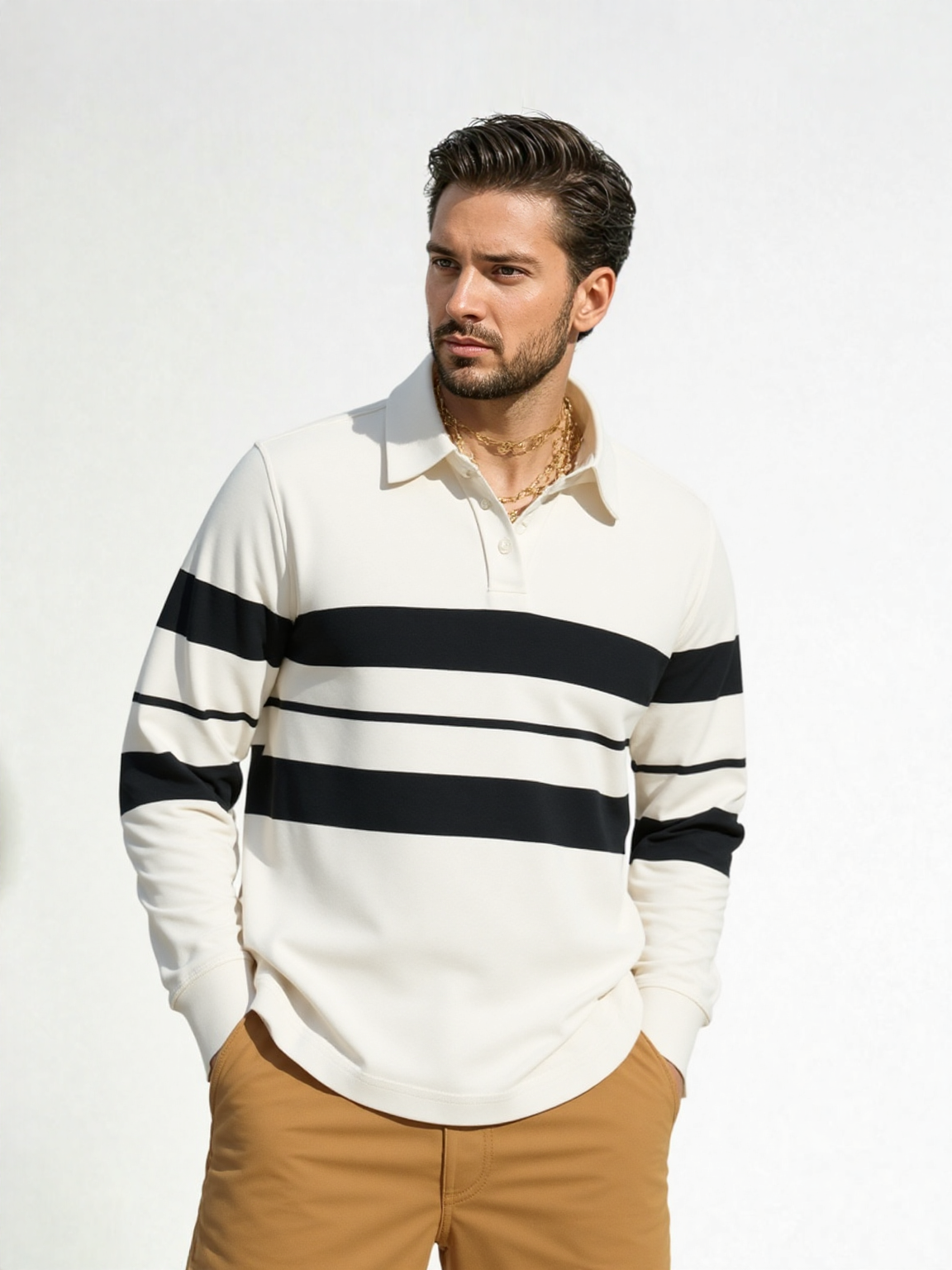 Retro Stripe Rugby Polo 🏁 – Cream & Jet Black