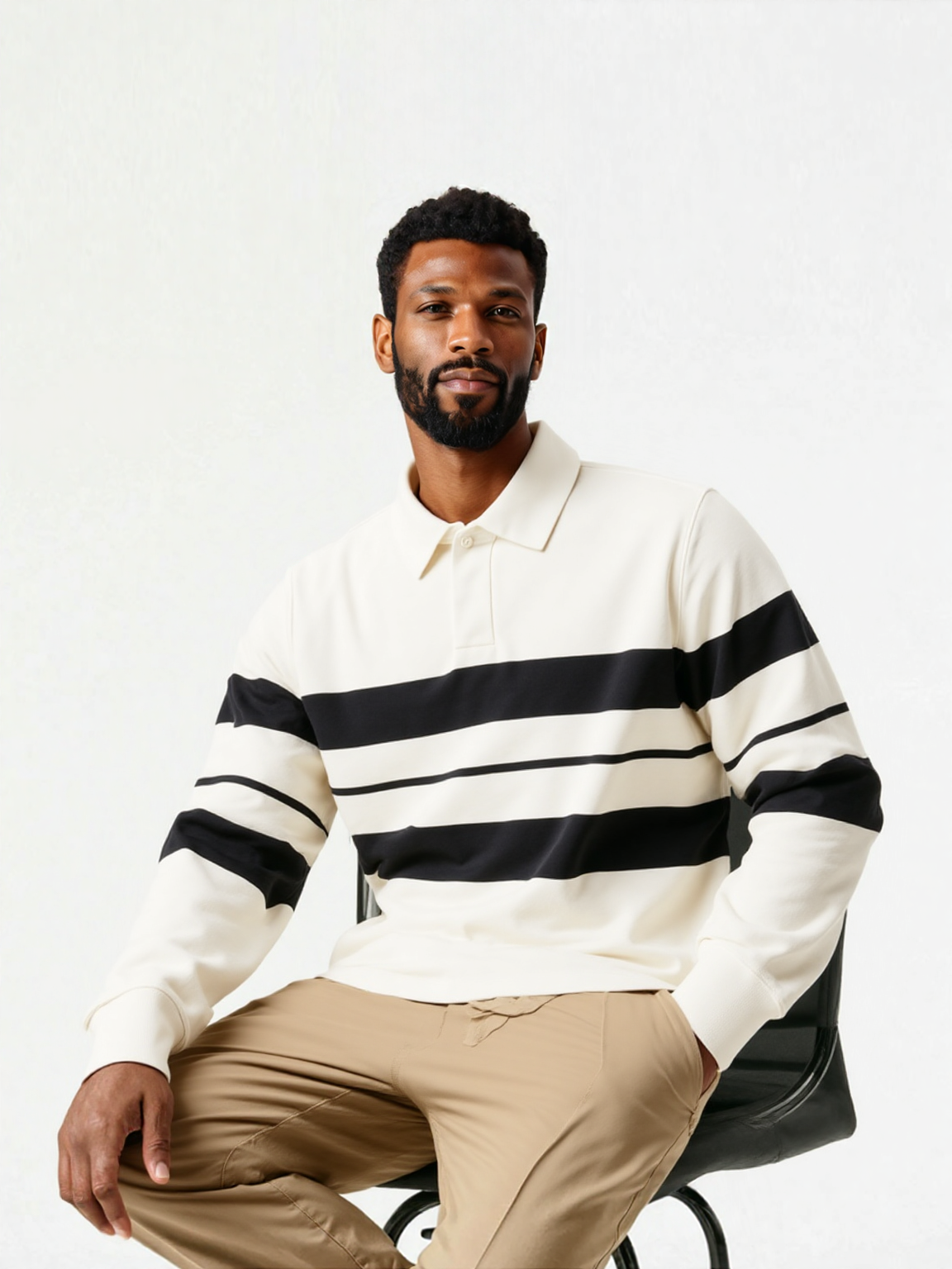 Retro Stripe Rugby Polo 🏁 – Cream & Jet Black