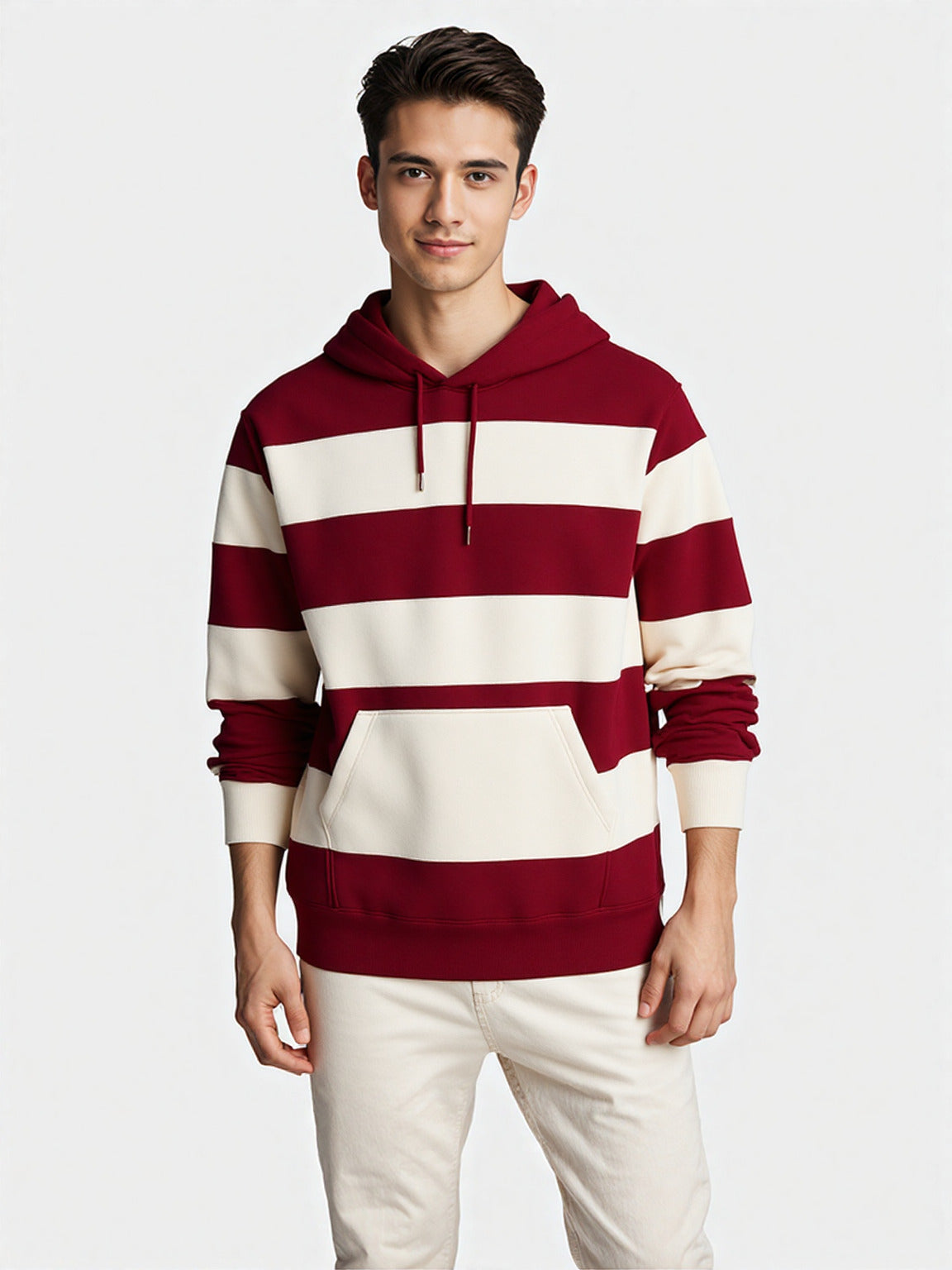 Maroon-Off White Striped Hoodie