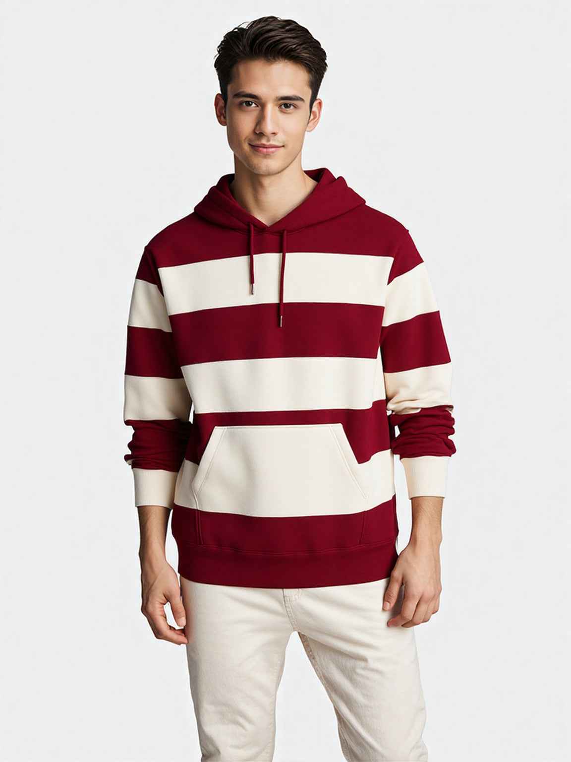 Maroon-Off White Striped Hoodie