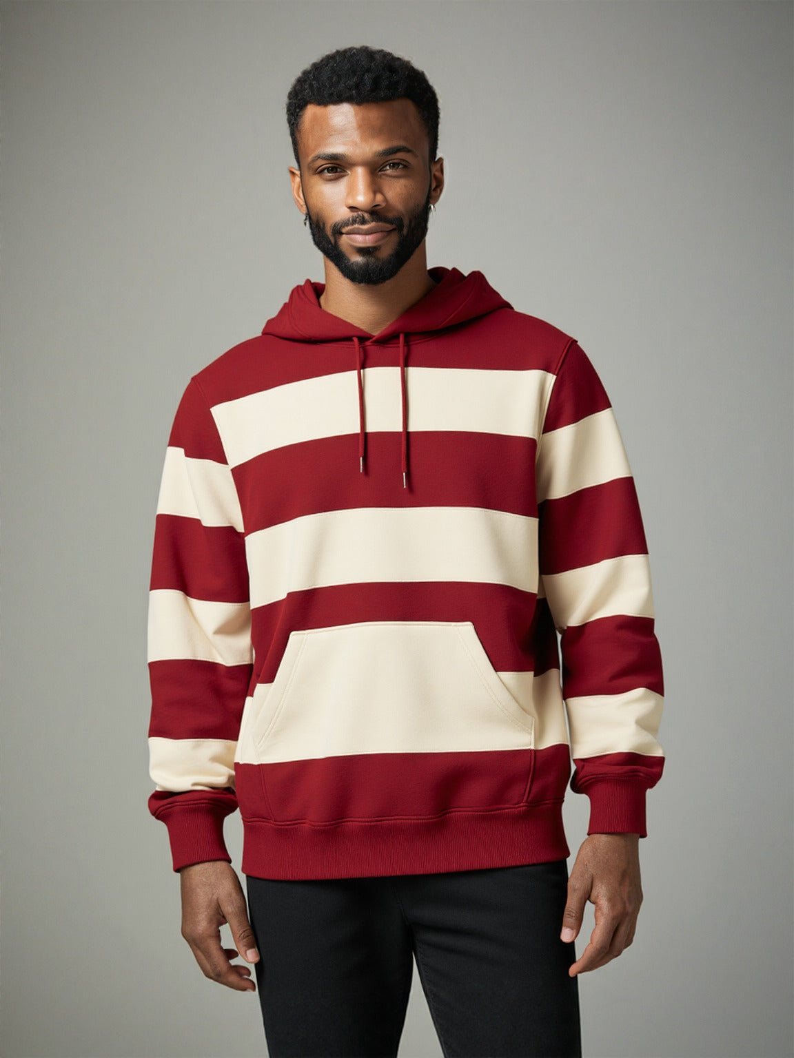 Maroon-Off White Striped Hoodie