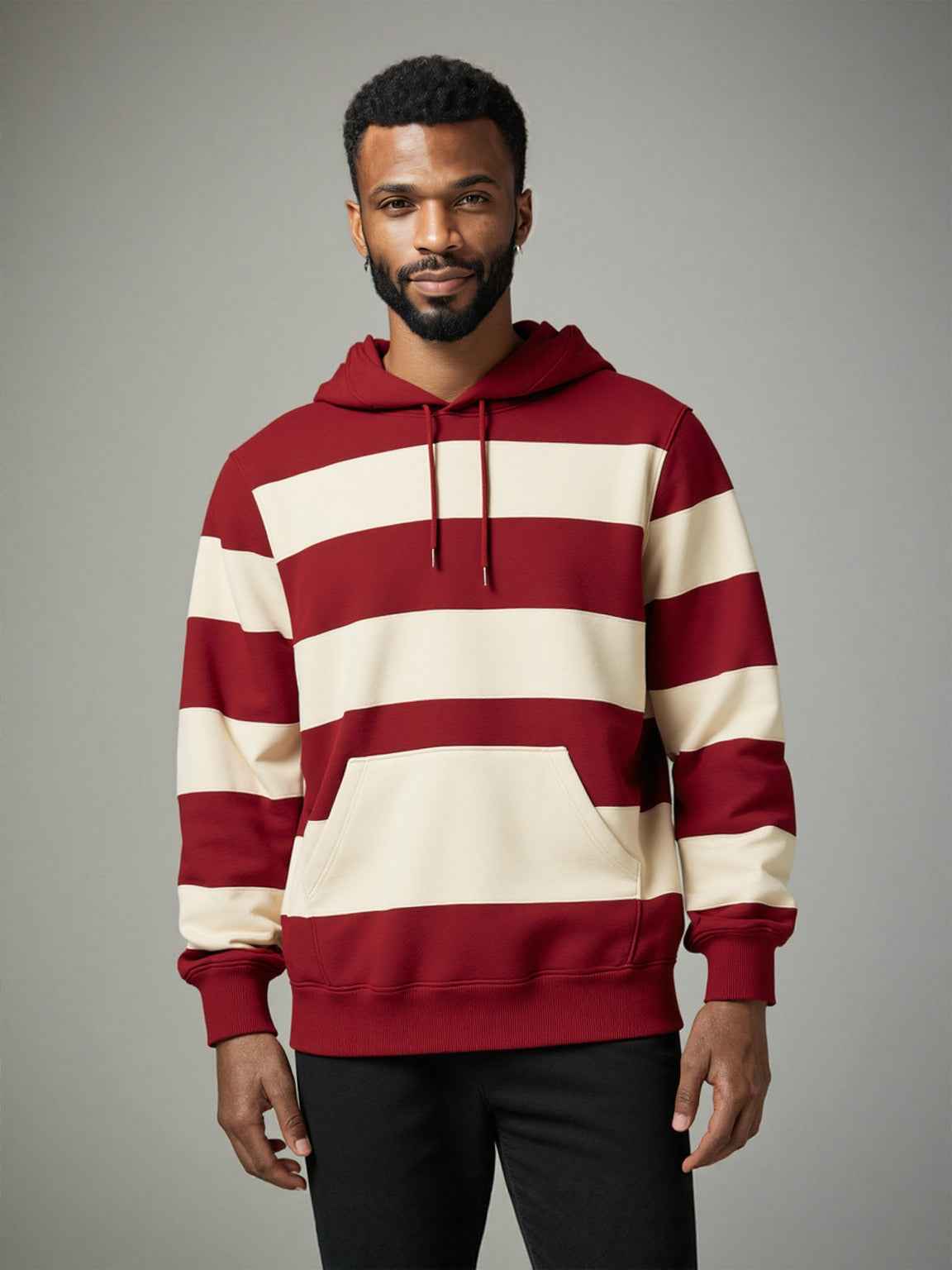 Maroon-Off White Striped Hoodie