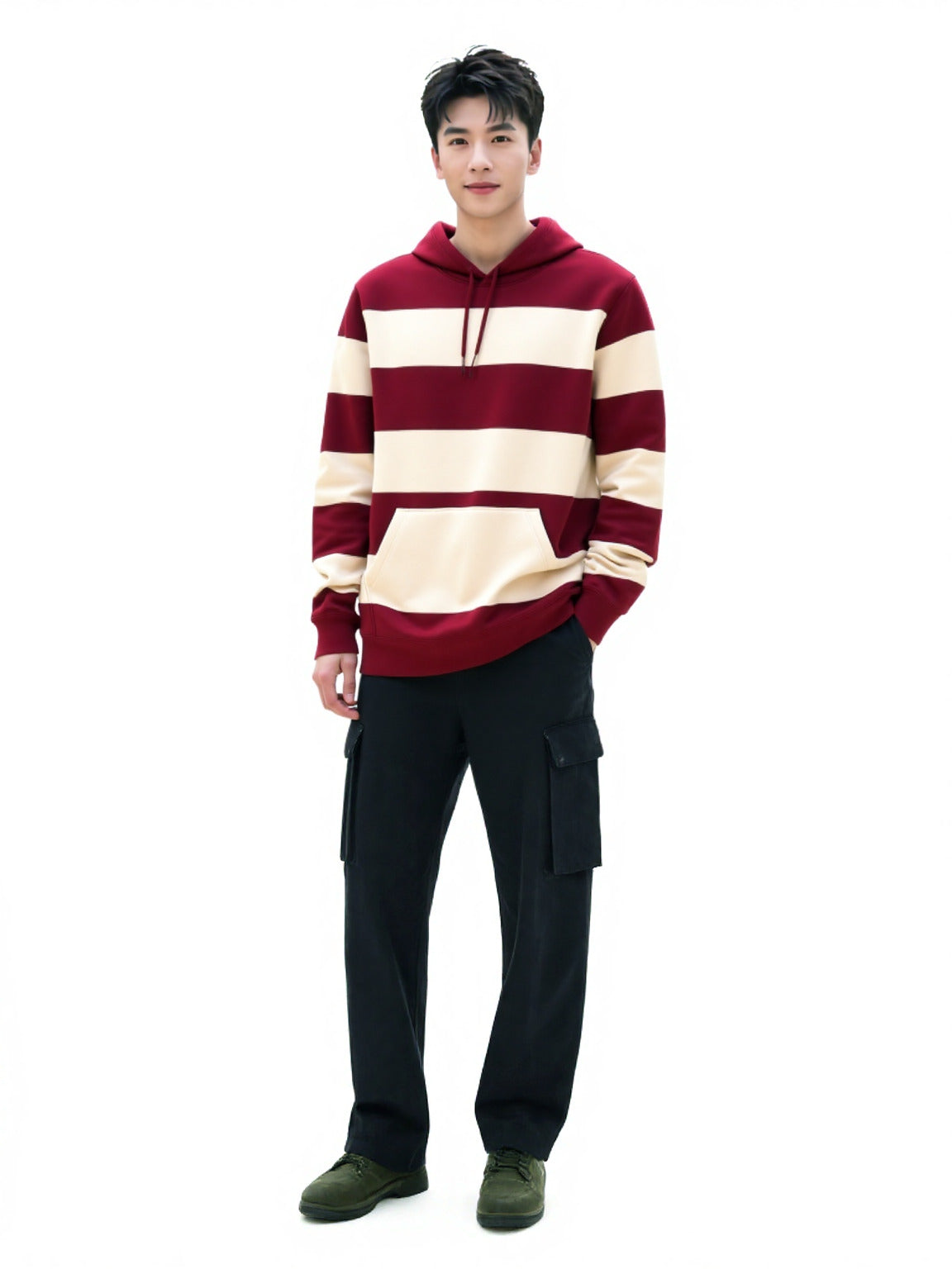 Maroon-Off White Striped Hoodie