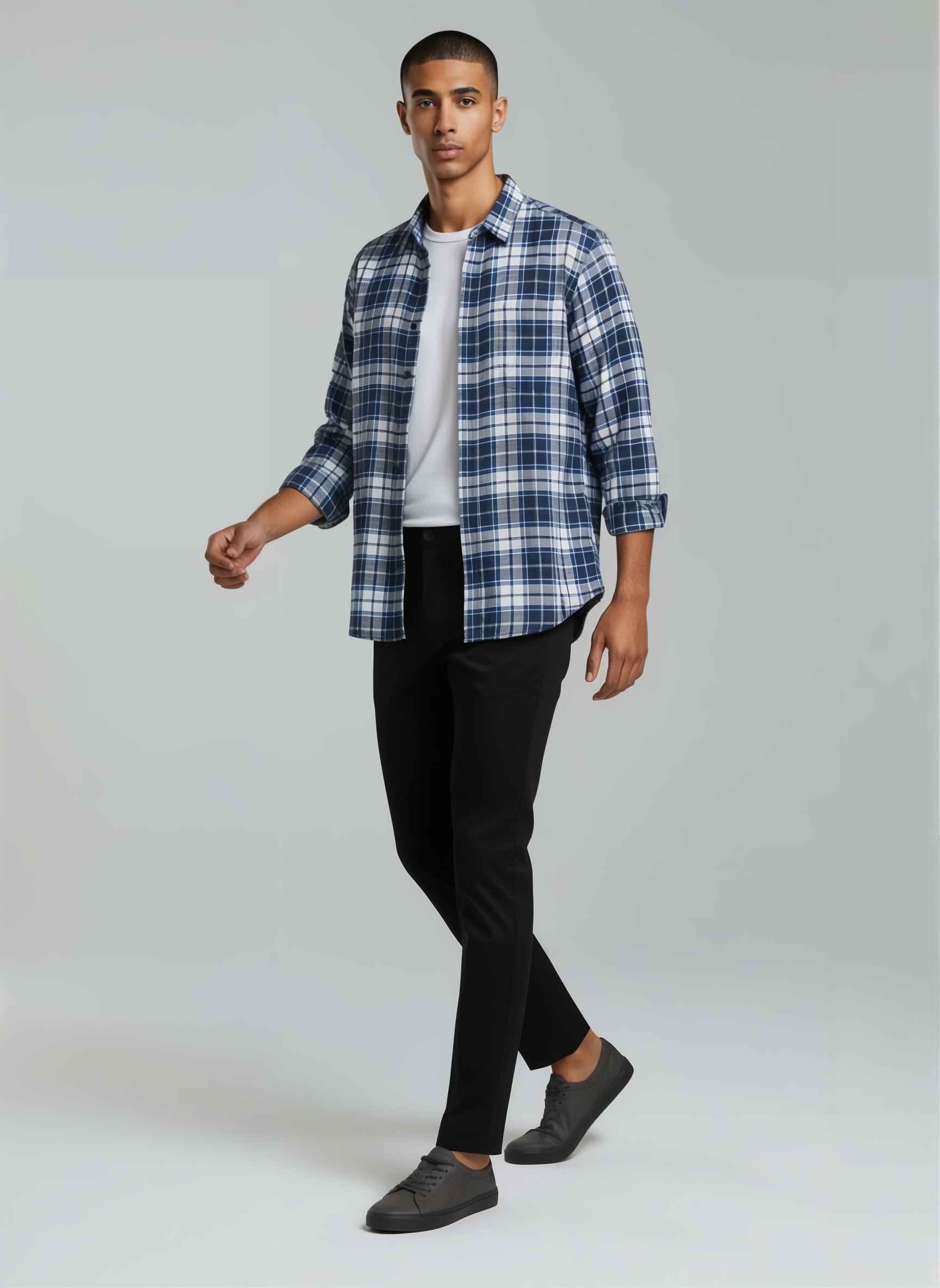Navy Check Brushed Cotton Shirt