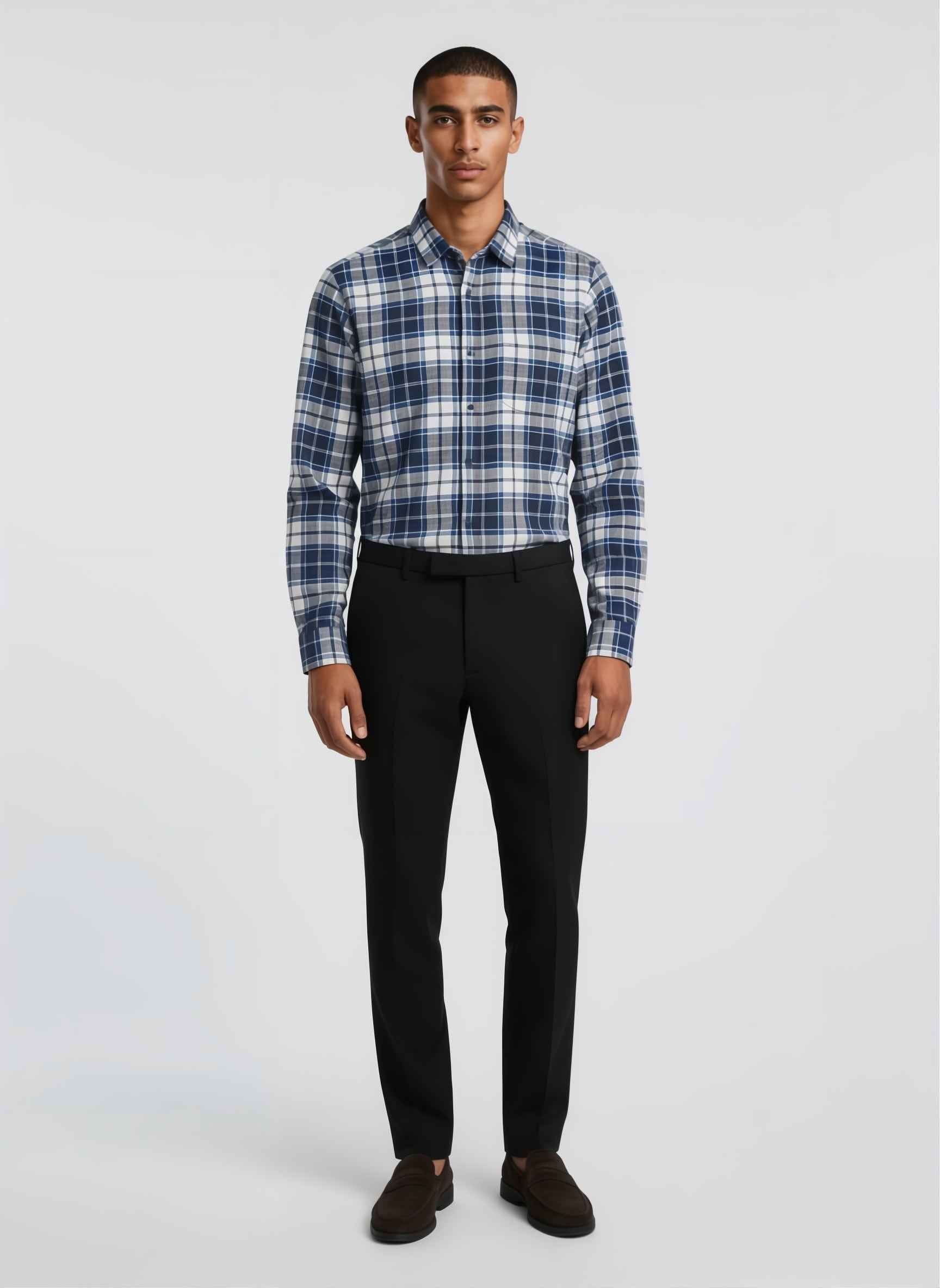 Navy Check Brushed Cotton Shirt