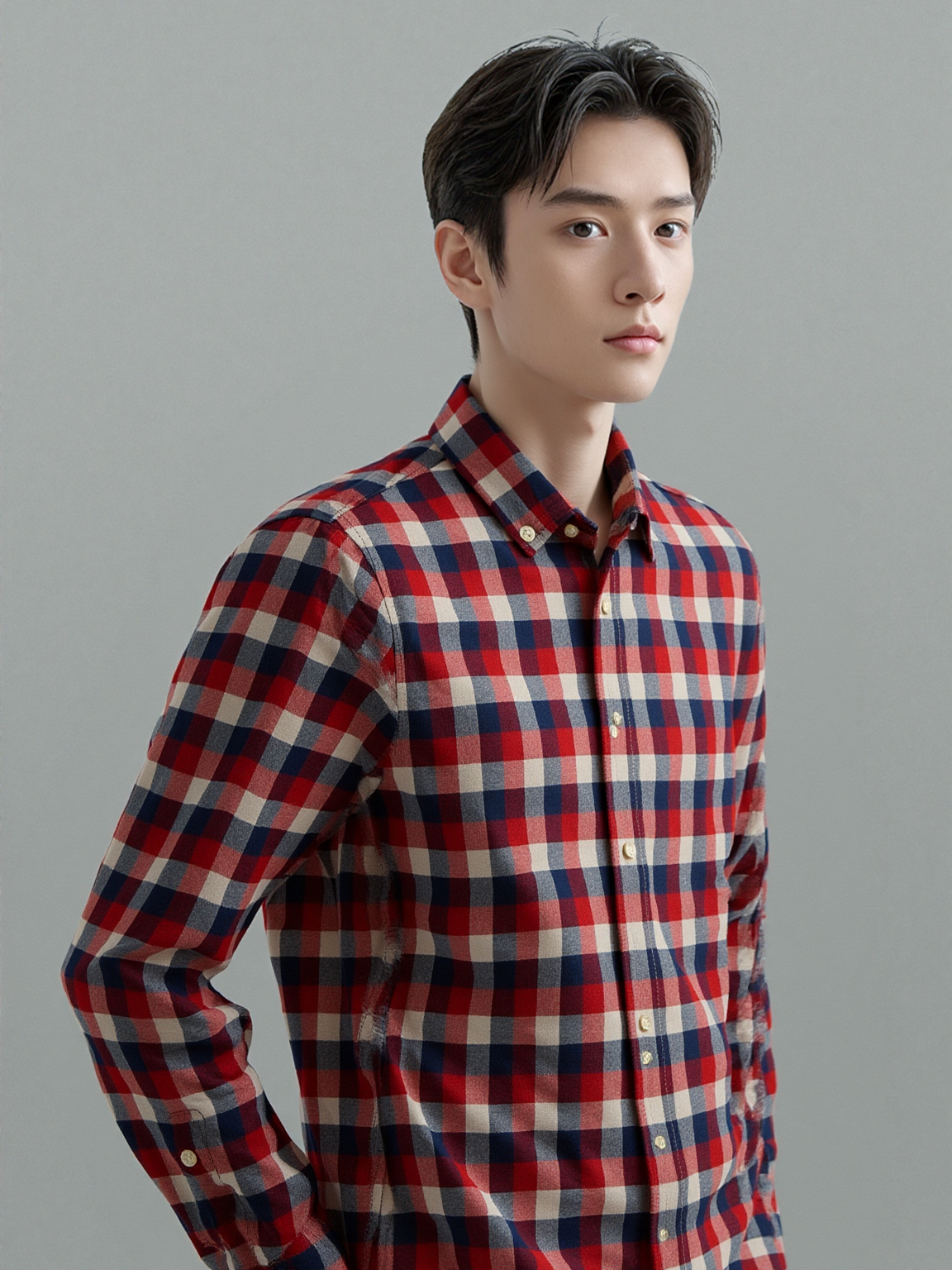Red Navy Check Cotton Poplin Shirt