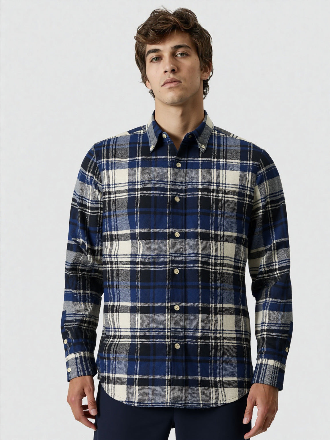 Navy Check Brushed Cotton Shirt