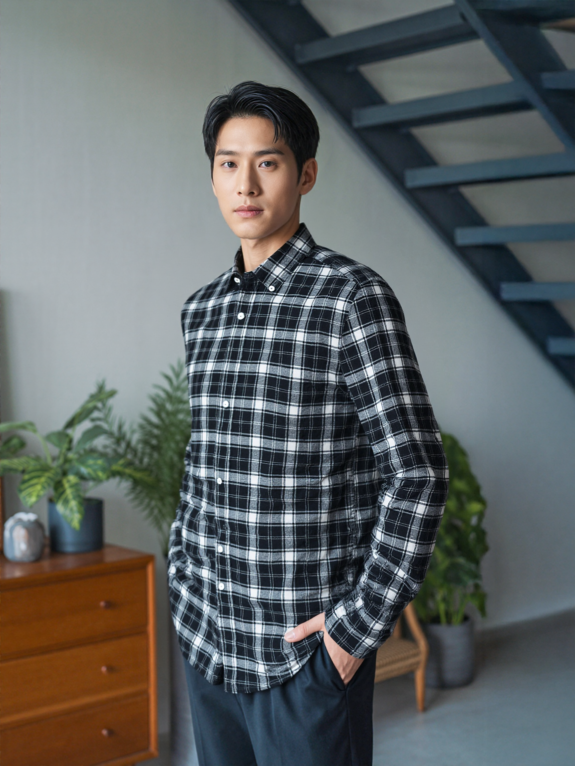 Soft Finish Cotton Twill Check Shirt – Black & White