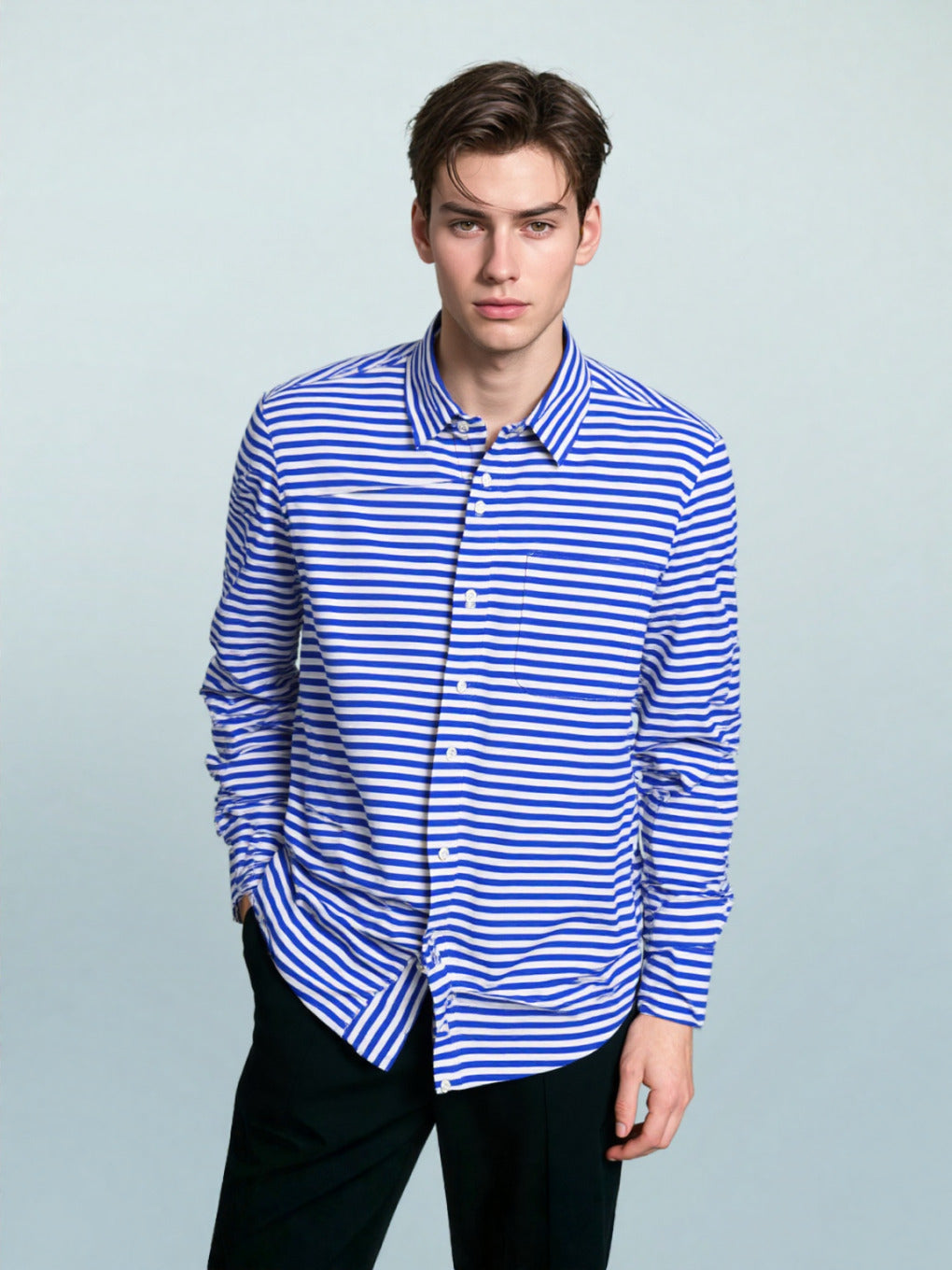 Classic Blue Stripe Shirt – 100% Cotton Chambray Weave