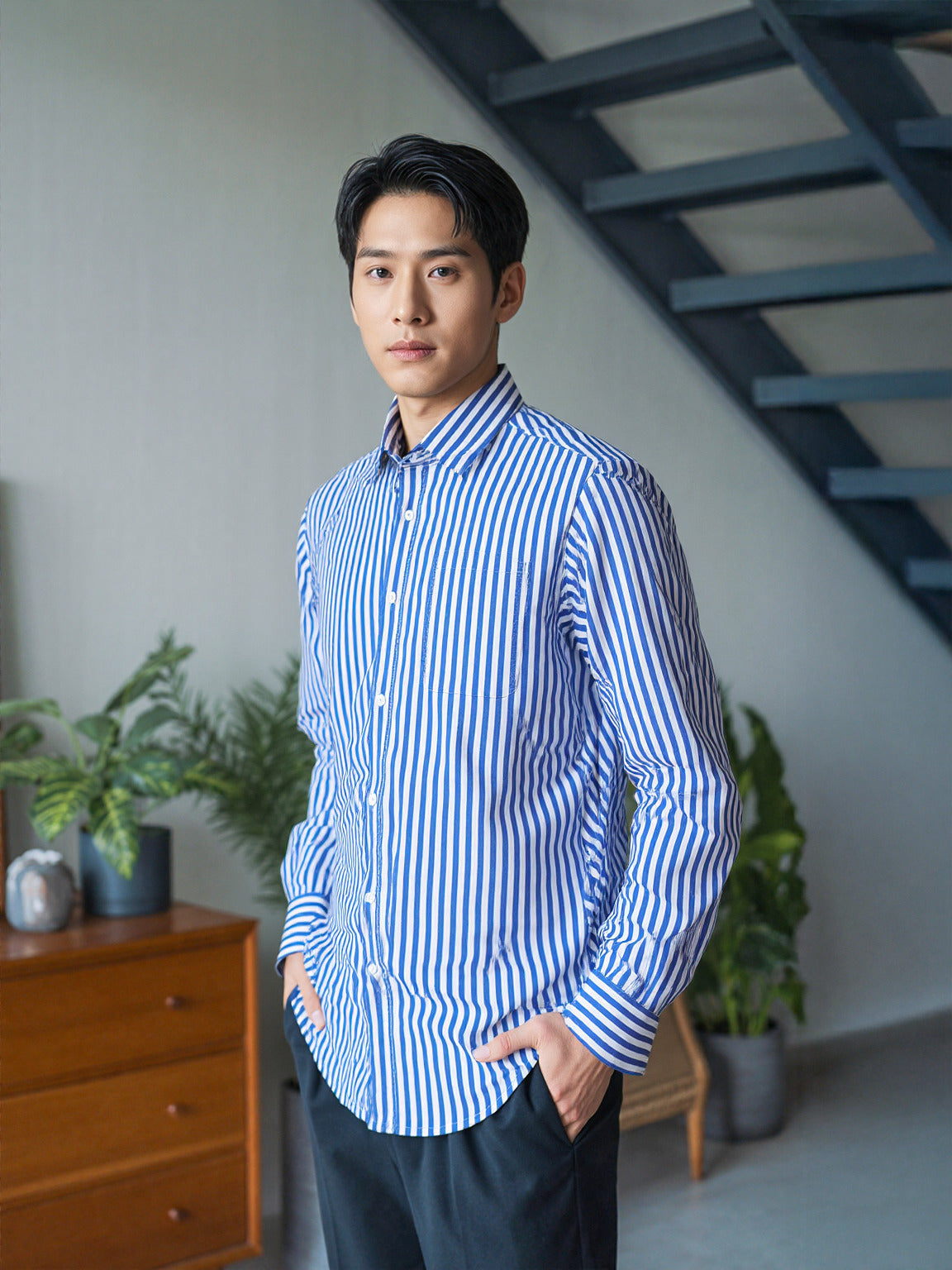 Classic Blue Stripe Shirt – 100% Cotton Chambray Weave