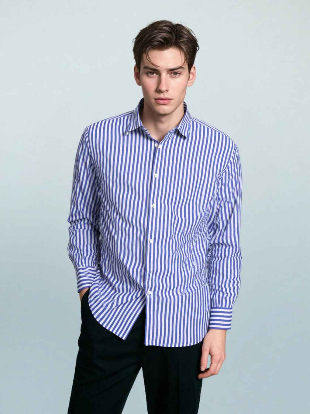 Classic Blue Stripe Shirt – 100% Cotton Chambray Weave
