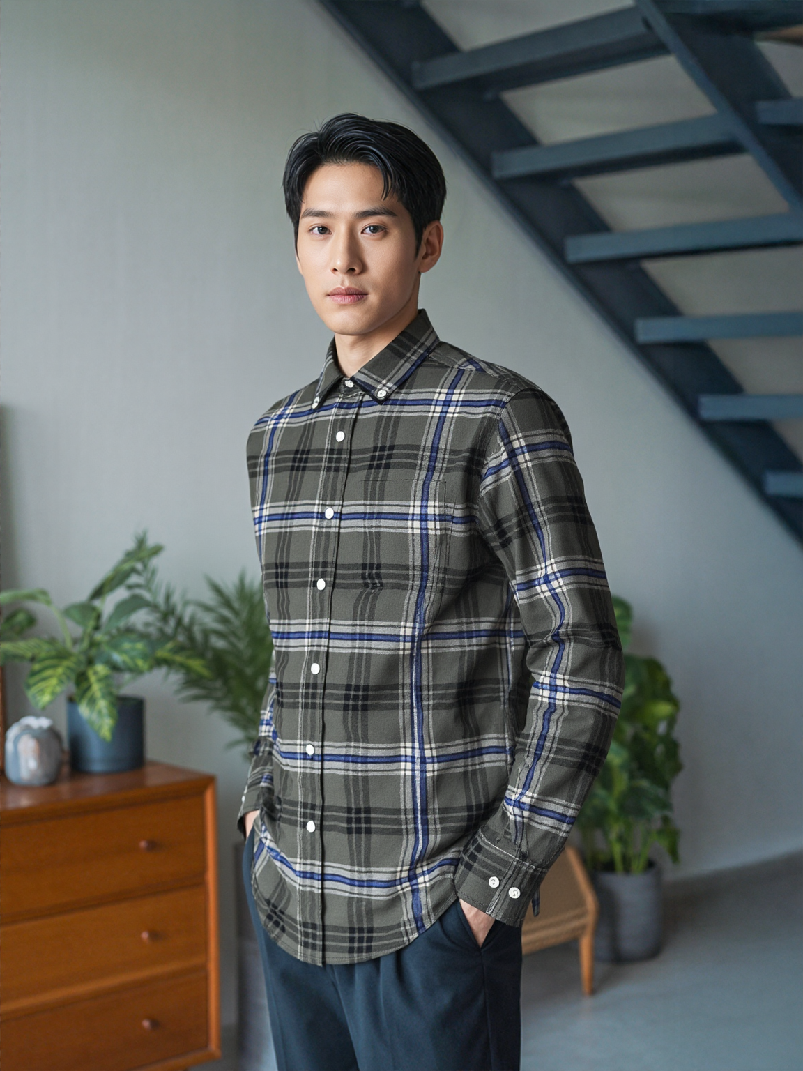 Blue Shadow Check – Premium Cotton Drill Shirt