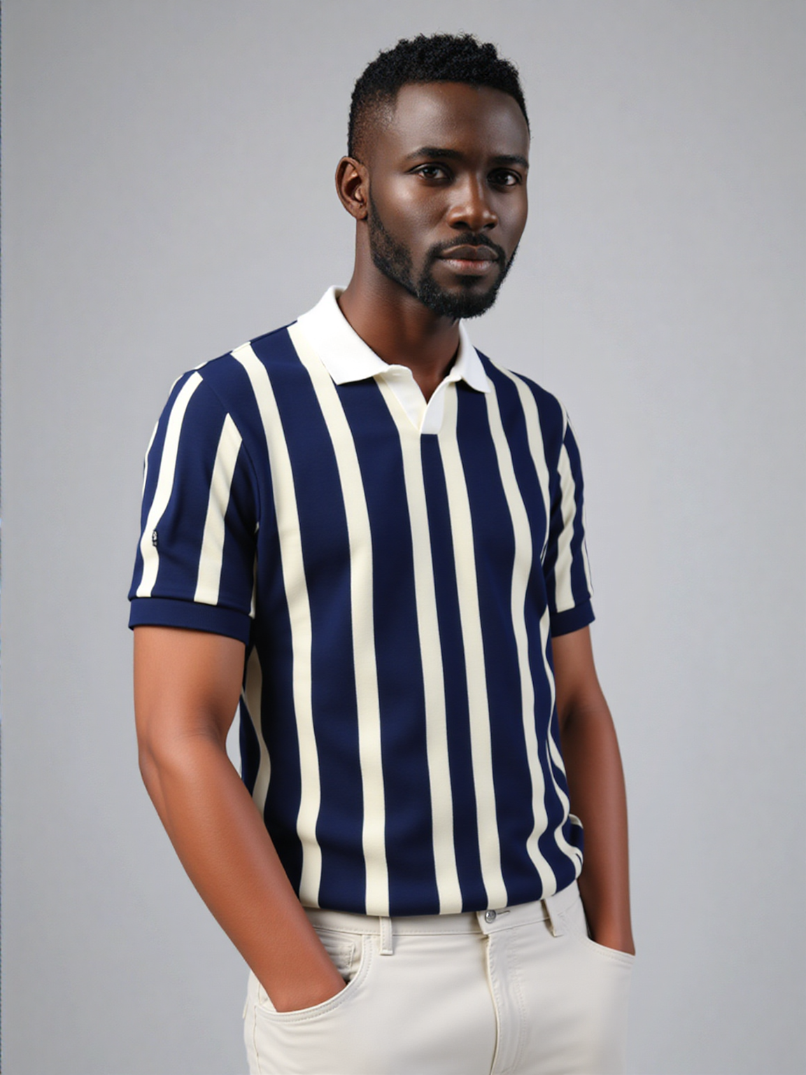 Metro Vertical Knit Polo – Navy & Ivory Stripes
