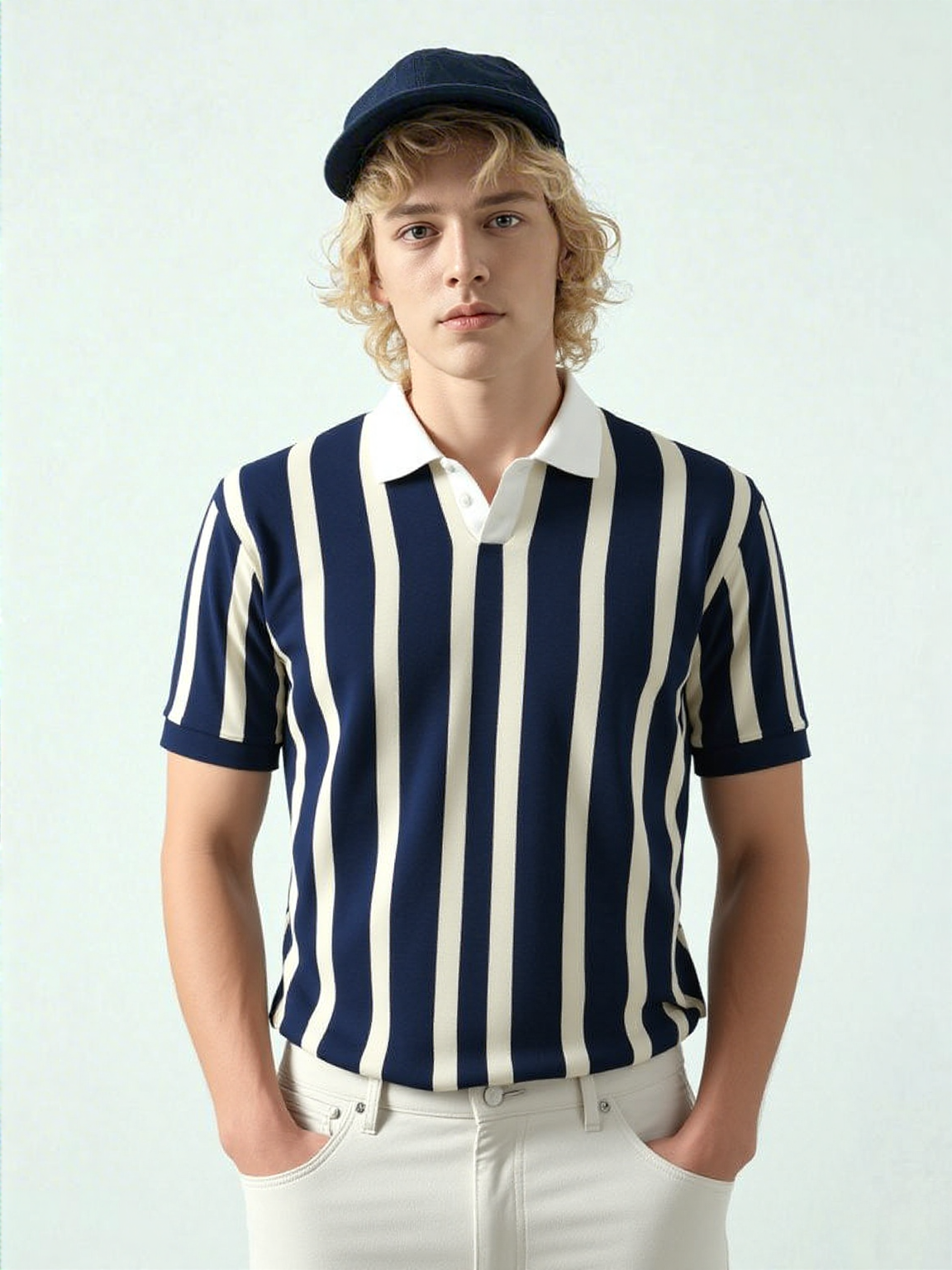 Metro Vertical Knit Polo – Navy Ivory Stripes