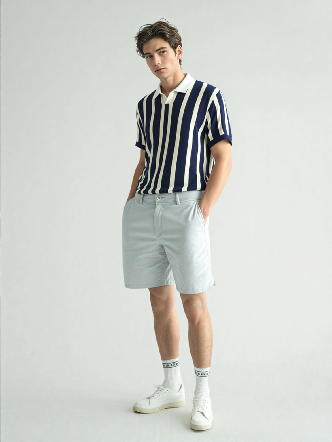Metro Vertical Knit Polo – Navy & Ivory Stripes