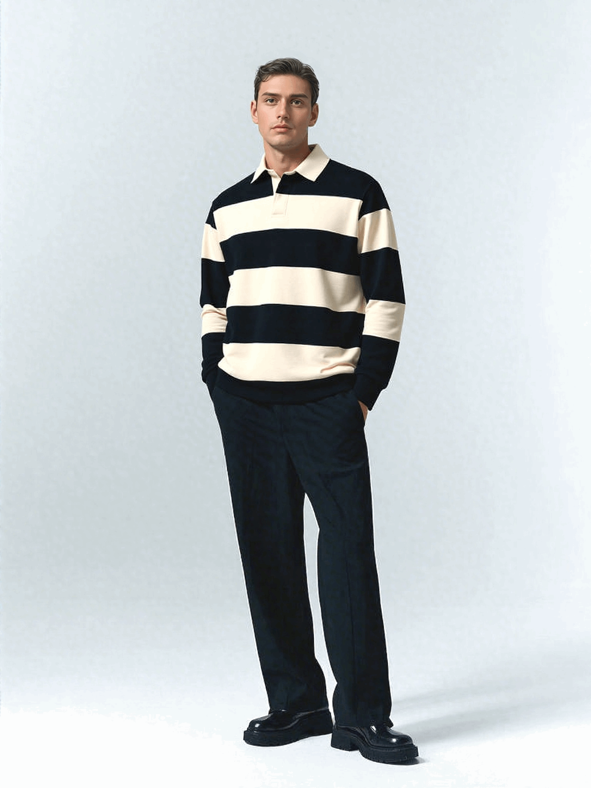 Mens classic rugby striped polo shirt casual outfit
