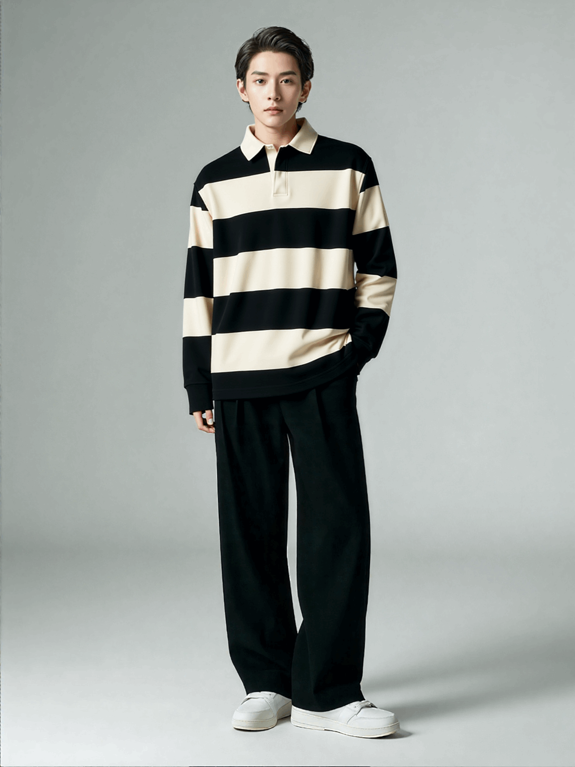 Classic rugby striped polo shirt black white stripes