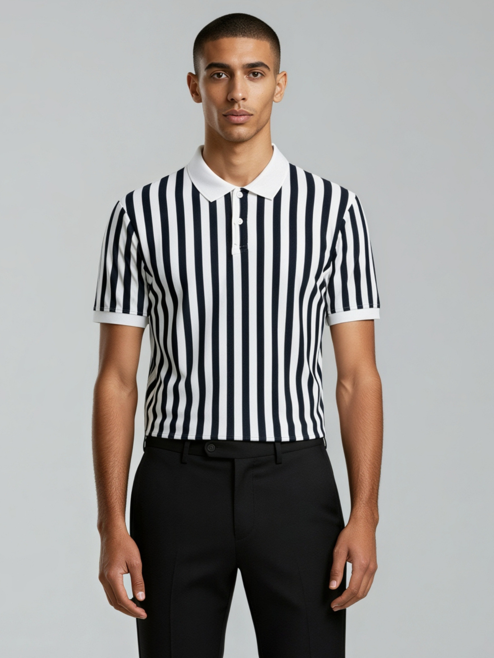 Metro Vertical Knit Polo – Navy & Ivory Stripes