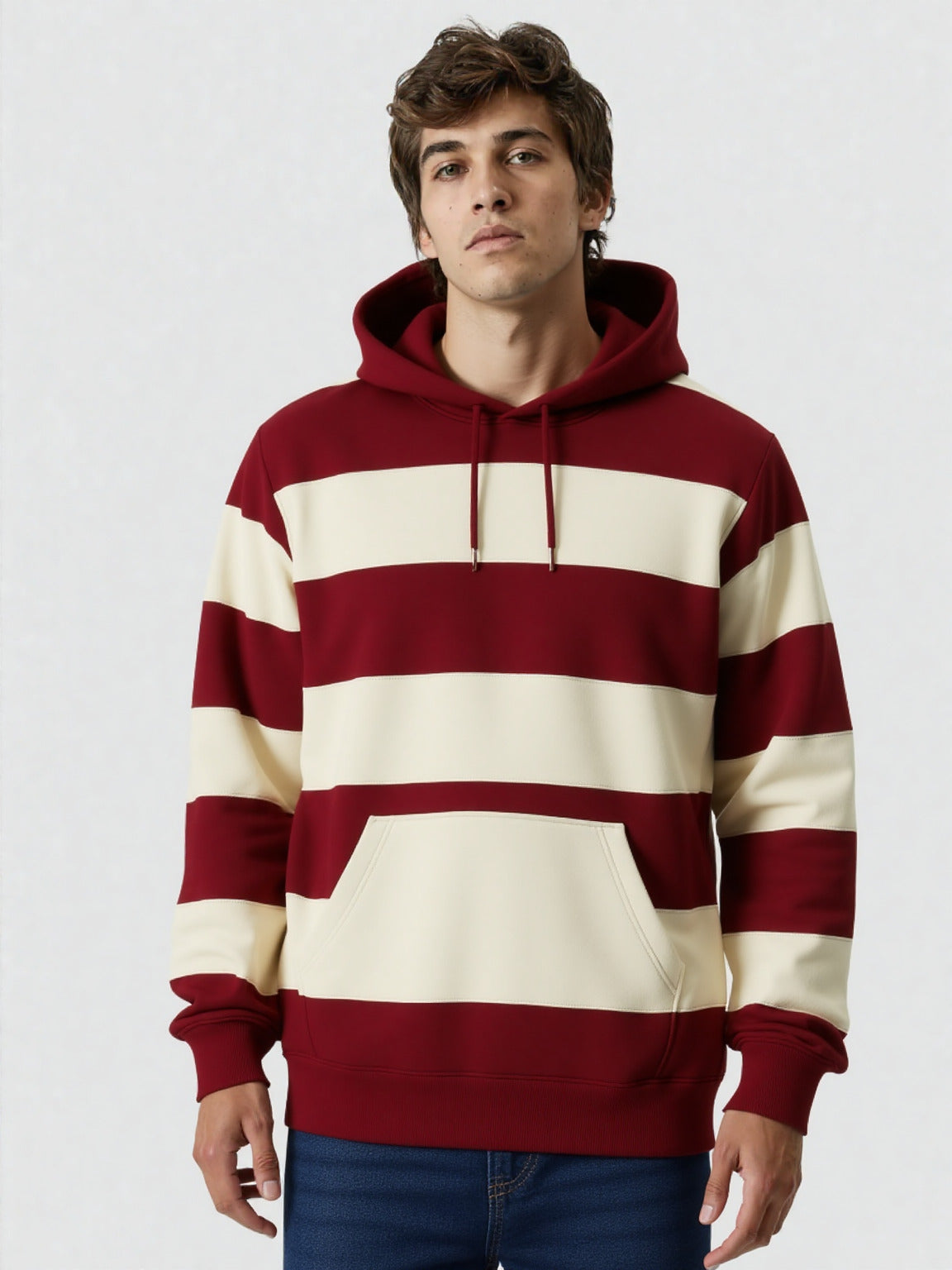 Maroon-Off White Striped Hoodie