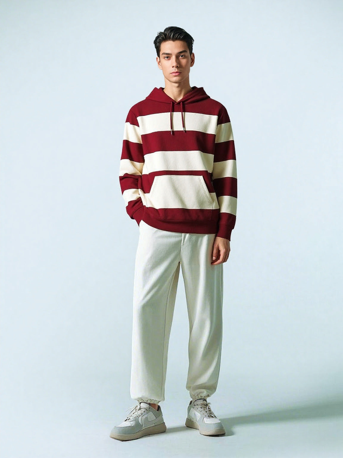 Maroon-Off White Striped Hoodie
