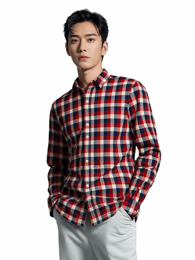 Red Navy Check Cotton Poplin Shirt