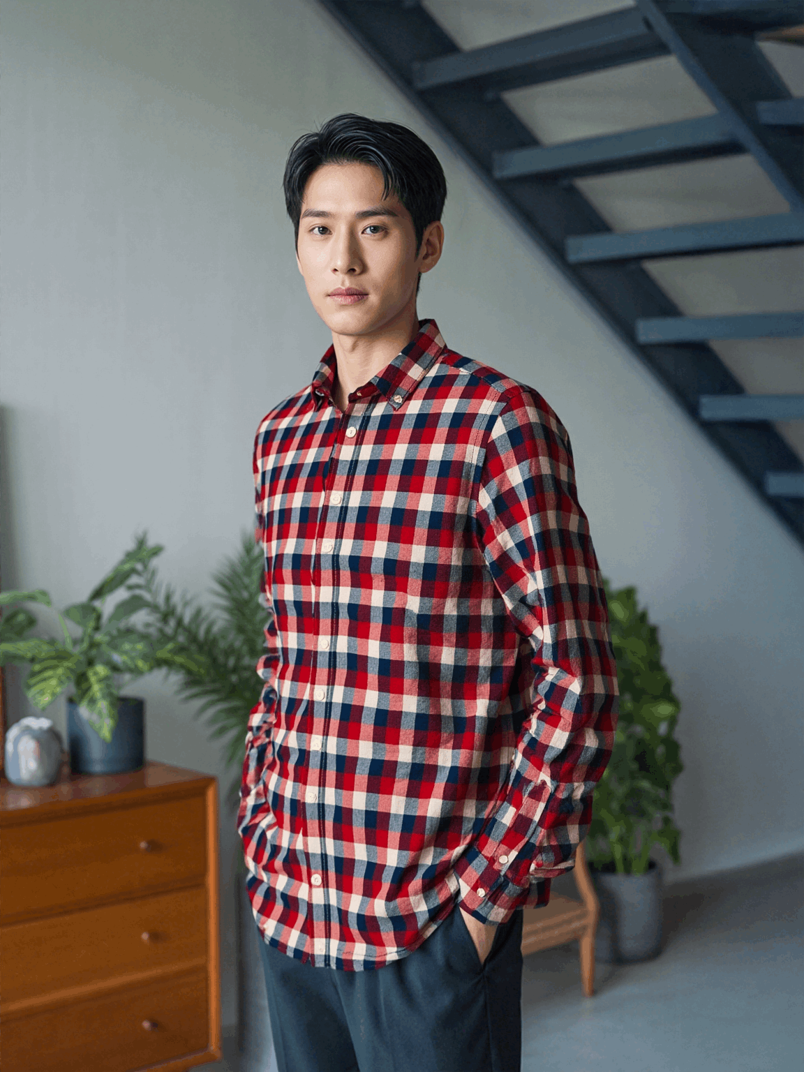 Red Navy Check Cotton Poplin Shirt