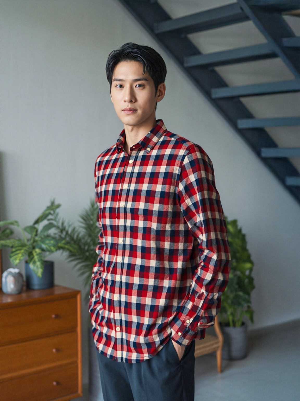 Red Navy Check Cotton Poplin Shirt